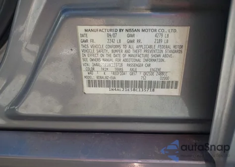 2008 Nissan Altima 2.5 S z USA, uszkodzony, nr VIN 1N4AL21E58C135718